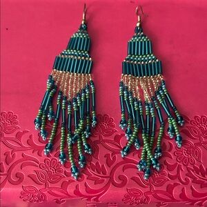 Elegant Beaded Earrings in Green and White